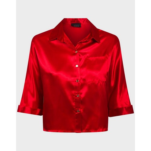 3/4 Sleeve Pocket Oversized Satin Shirt Red