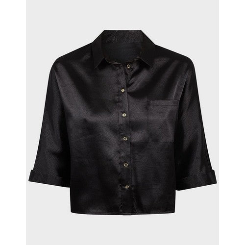 3/4 Sleeve Pocket Oversized Satin Shirt Black