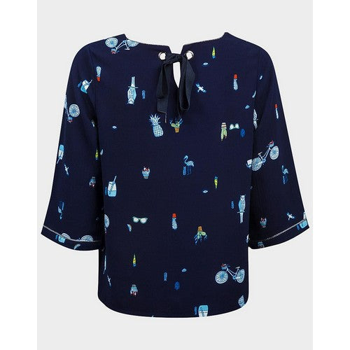Elissa Collection 3/4 Sleeve Printed Crepe Tie Back Blouse Navy