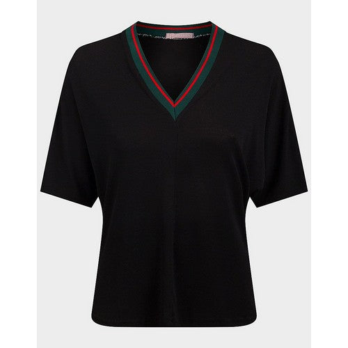 Retro Vibe Contrast V-Neck T-Shirt Black