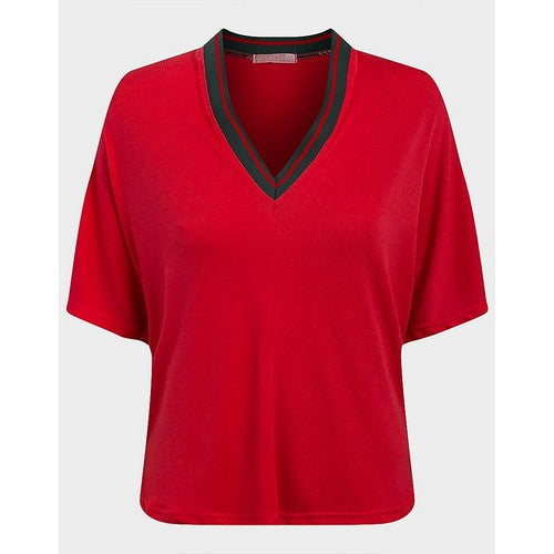 Retro Vibe Contrast V-Neck T-Shirt Coral