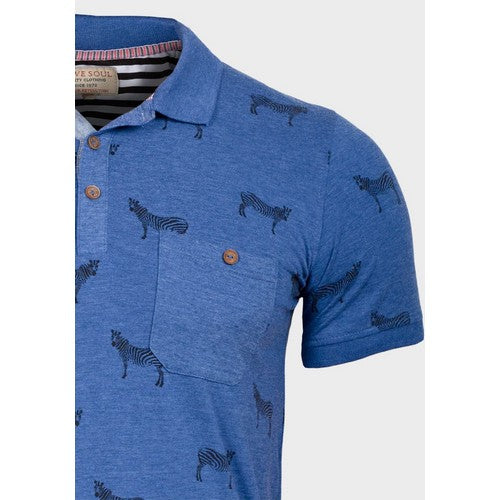 Brave Soul Chest Pocket Zebra Print Polo Shirt Blue