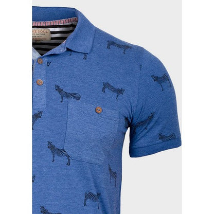 Brave Soul Chest Pocket Zebra Print Polo Shirt Blue