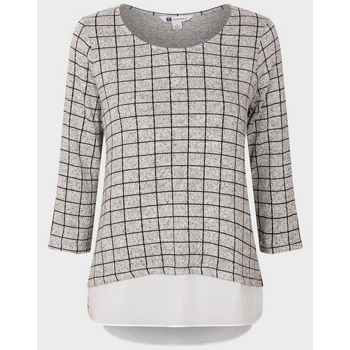 3/4 Sleeve Check Print Knitted Top Grey