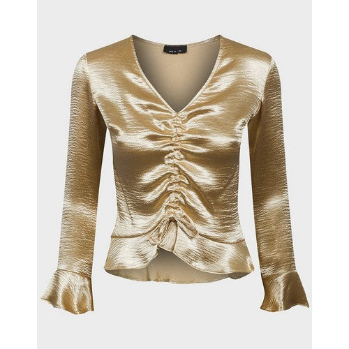 Ruched Front Bell Cuff Satin Top Gold