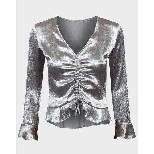 Ruched Front Bell Cuff Satin Top Silver