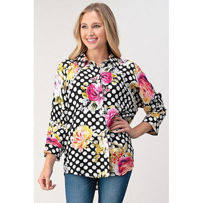 Polka Dot Floral Lace Insert Shirt Black Multi