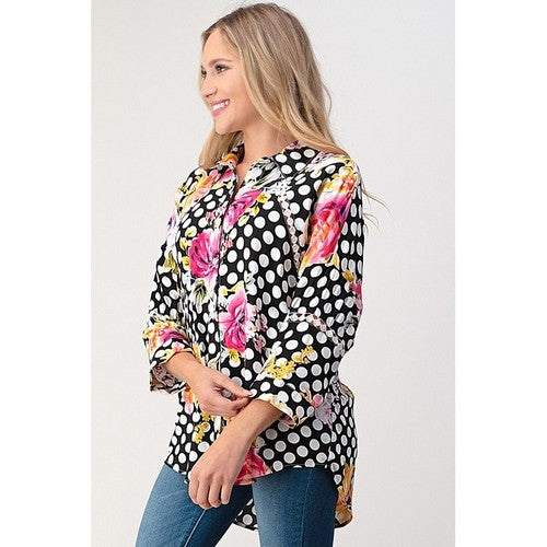 Cirana Polka Dot Floral Lace Insert Shirt Black Multi