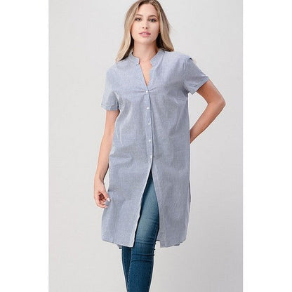 Longline Grandad Button Down Tunic Navy