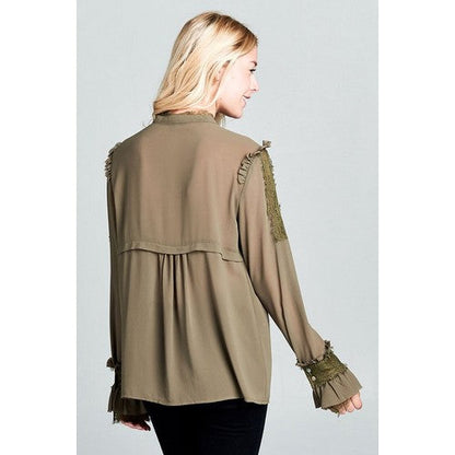 Isabel Lace Detail Ruffle Sleave Collarless Blouse Khaki Green