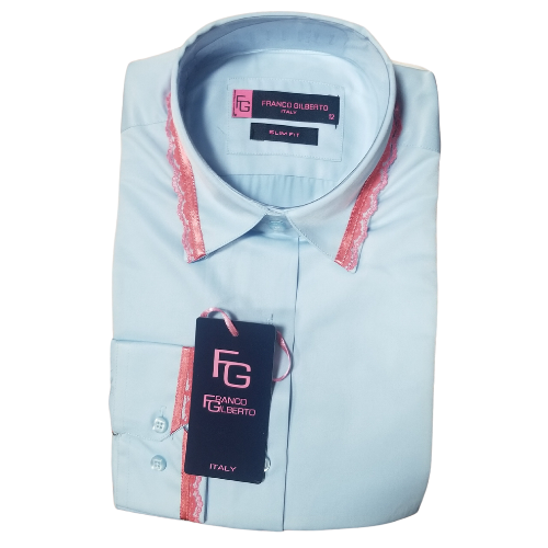 Franco Gilberto Luxury Tailored Long Sleeve Shirt Lace Trim Light Blue