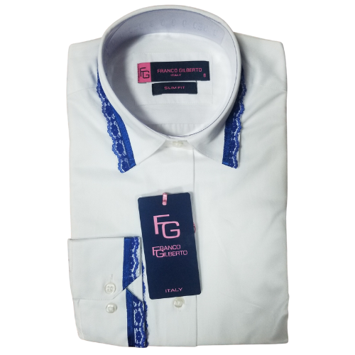 Franco Gilberto Luxury Tailored Long Sleeve Shirt Lace Trim White