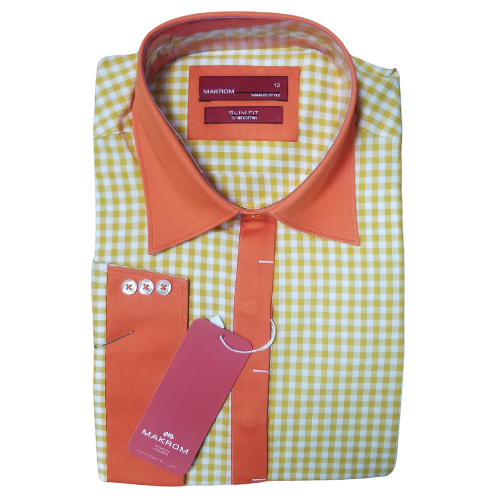 Makron Luxury Tailored 3/4 Sleeve Shirt Yellow/Orange Check