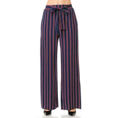 71121-1 Milti-Striped Tie-Front High Waist Palazzo Pants Eclipse