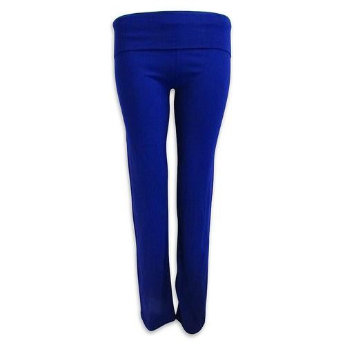 Fold-Over Waistband Yoga Pants Plain Royal Blue