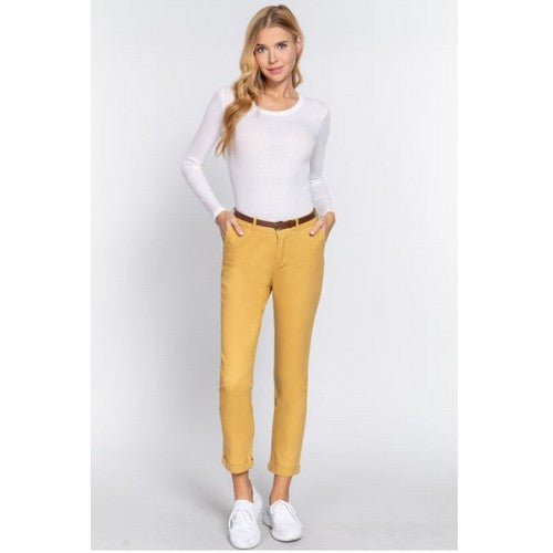 P2287 Cotton Spandex Twill Belted Long Pants Mustard