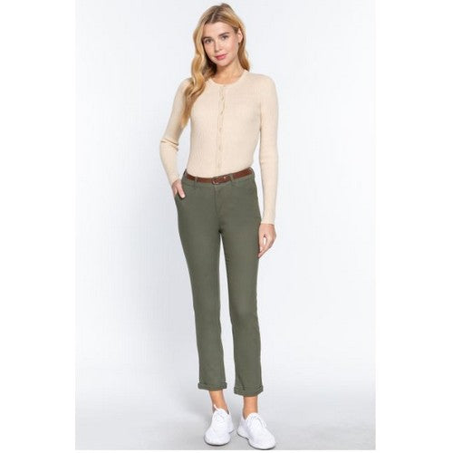 P2287 Cotton Spandex Twill Belted Long Pants Olive Oil