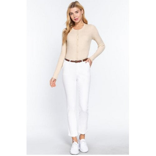 P2287 Cotton Spandex Twill Belted Long Pants Off White