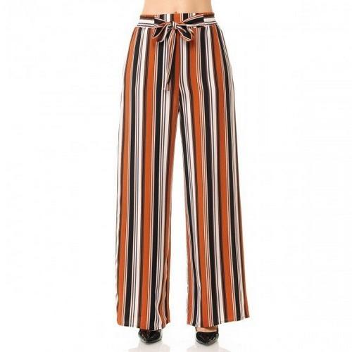71121-3 Multi-Striped Tie-Front High Waist Woven Pull-On Palazzo Pants Rust