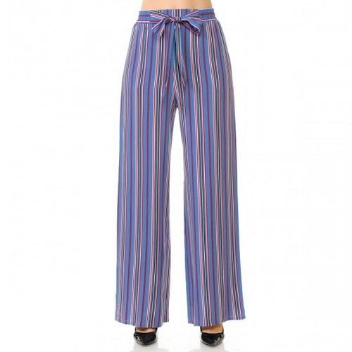71121-2 Multi-Striped Tie-Front High Waist Woven Pull-On Palazzo Pants Denim Blue