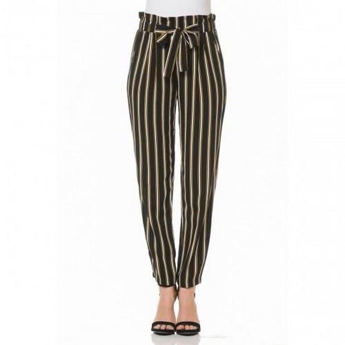 70484-5 Multi Striped Tie Front High Paperbag Waist Woven Pull-On Cigarette Pants Black