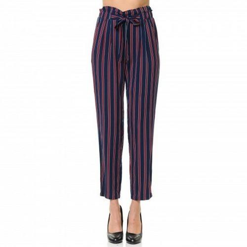 70484-5 Multi Striped Tie Front High Paperbag Waist Woven Pull-On Cigarette Pants Eclipse