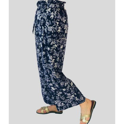 Floral Wide Leg Belted Pants Navy