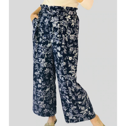 Floral Wide Leg Belted Pants Navy