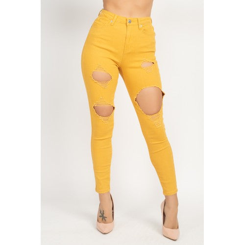 DBP0586 Destroyed Twill Skinny Jeans Mustard