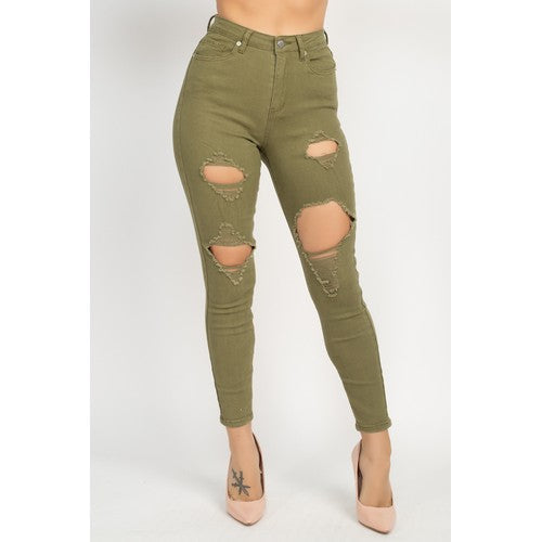 DBP0586 Destroyed Twill Skinny Jeans Olive