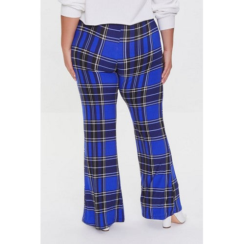 Plus Size Plaid Flare Pants Blue Multi
