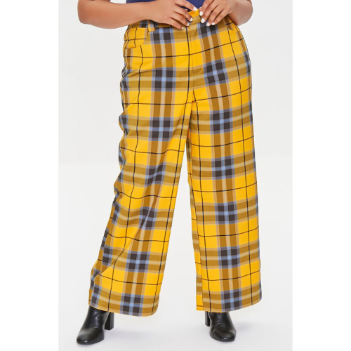 Plus Size Plaid Wide-Leg Pants Mustard