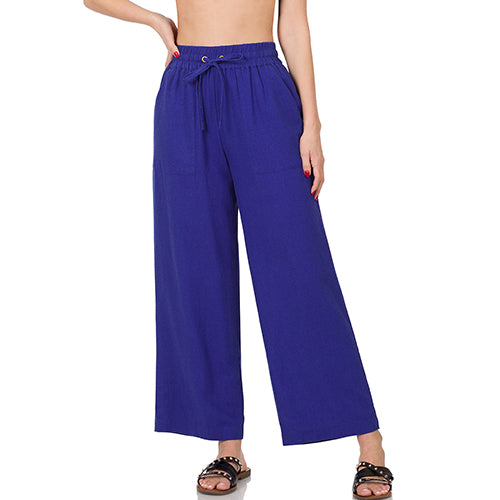 QP-65051 Linen Drawstring Waist Palazzo Pants Bright Blue