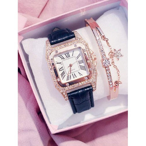 Diamond Rose Gold Cartier Watch & Bracelet Black