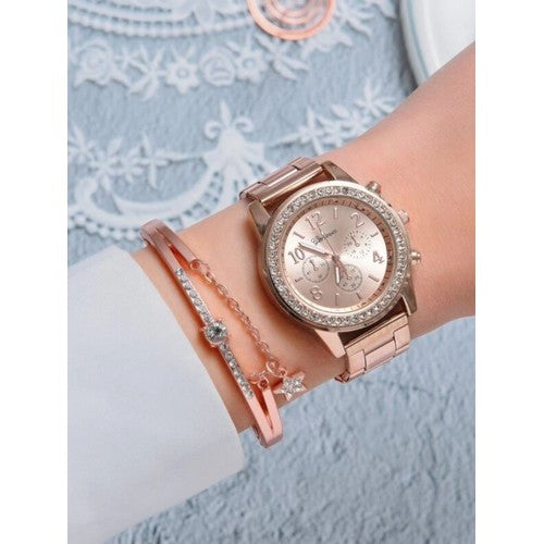 Rhinestone Watch & Double Bracelet Rose Gold Set