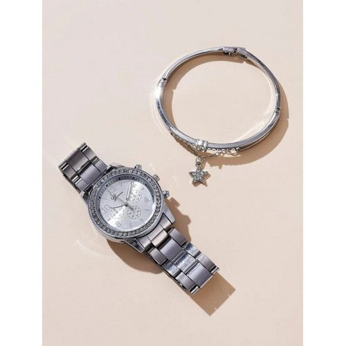 Rhinestone Watch & Double Bracelet Rose Silver Set