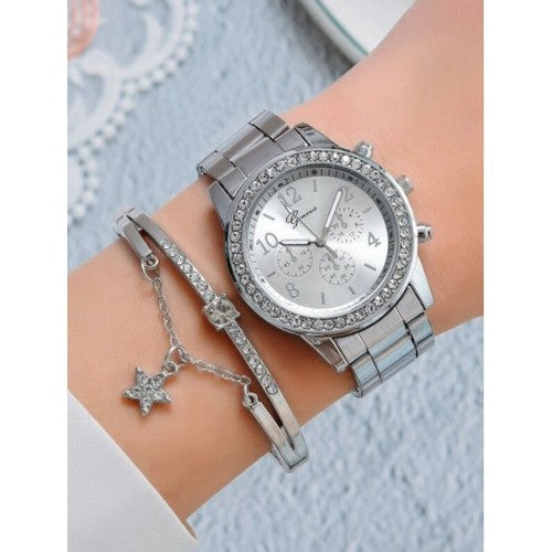Rhinestone Watch & Double Bracelet Rose Silver Set