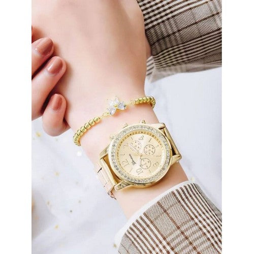 Gold Rhinestone Watch & Bow Bracelet Set
