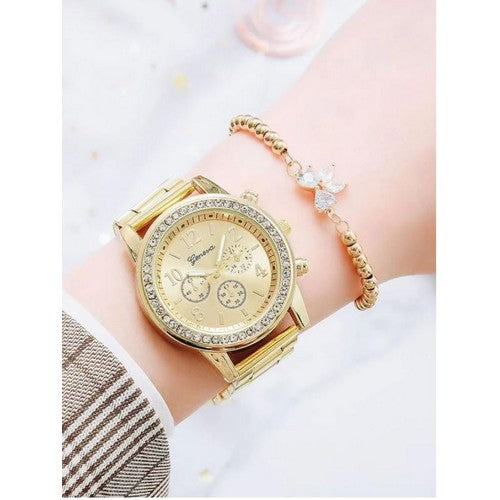 Gold Rhinestone Watch & Bow Bracelet Set
