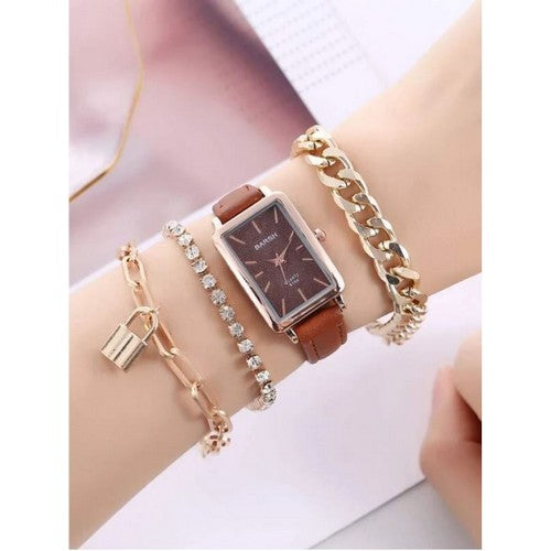 Rose Gold Watch + 3 Gold Bracelet Set