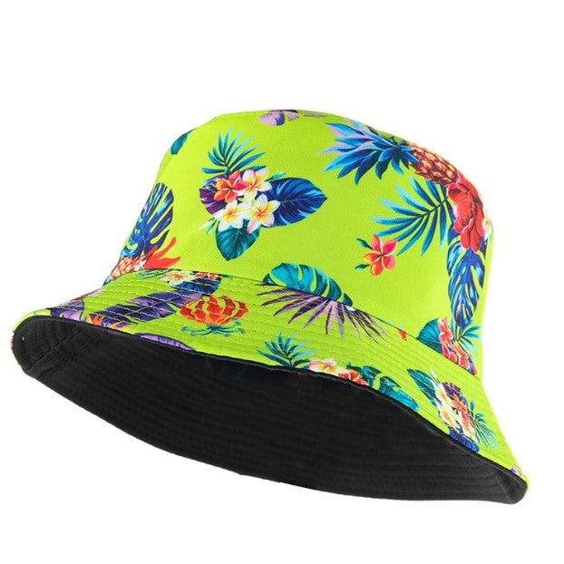 Reversible Tropical Flower Print Bucket Hat Green