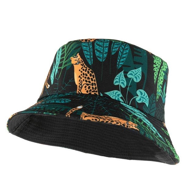 Reversible Jungle Cat Print Bucket Hat Black